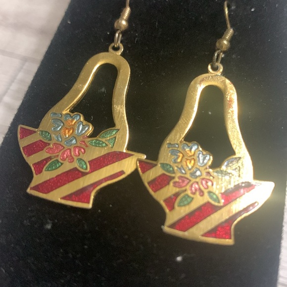 Vintage Christmas Flower Cloisonné earrings - Picture 2 of 3